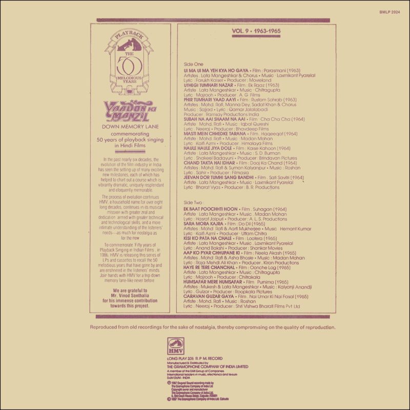 Yaadon Ki Manzil Down Memory Lane (Vol.9) - BMLP 2024 - (Condition - 70-75%) - Cover Reprinted - LP Record 