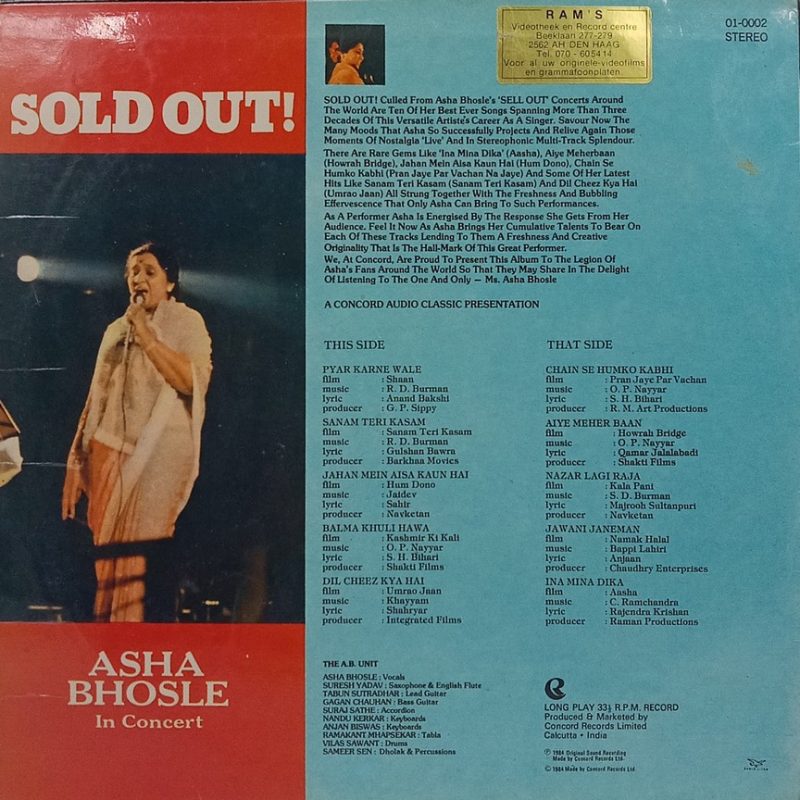 Asha Bhosle - In Concert - Sold Out - 01 0002 - (90-95%) - Film Hits LP Vinyl Record