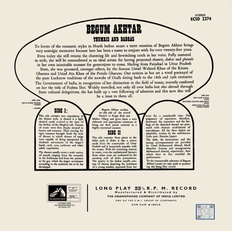 Begum Akhtar - ECLP 2374 -(85-90%) HMV Indian Classical Vocal LP Vinyl-1