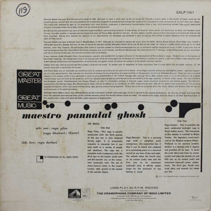 Pannalal Ghosh -EALP 1367 (90-95%) HRL Classical Instrumental LP Vinyl-1