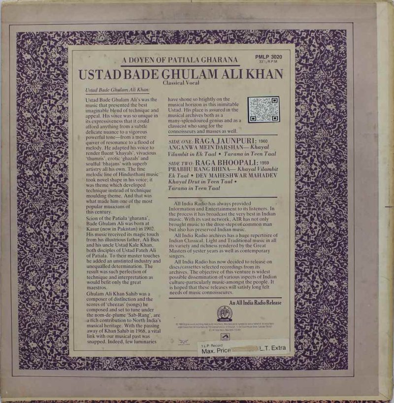 Bade Ghulam Ali - PMLP 3020 - (90-95%) Indian Classical Vocal LP Vinyl-1