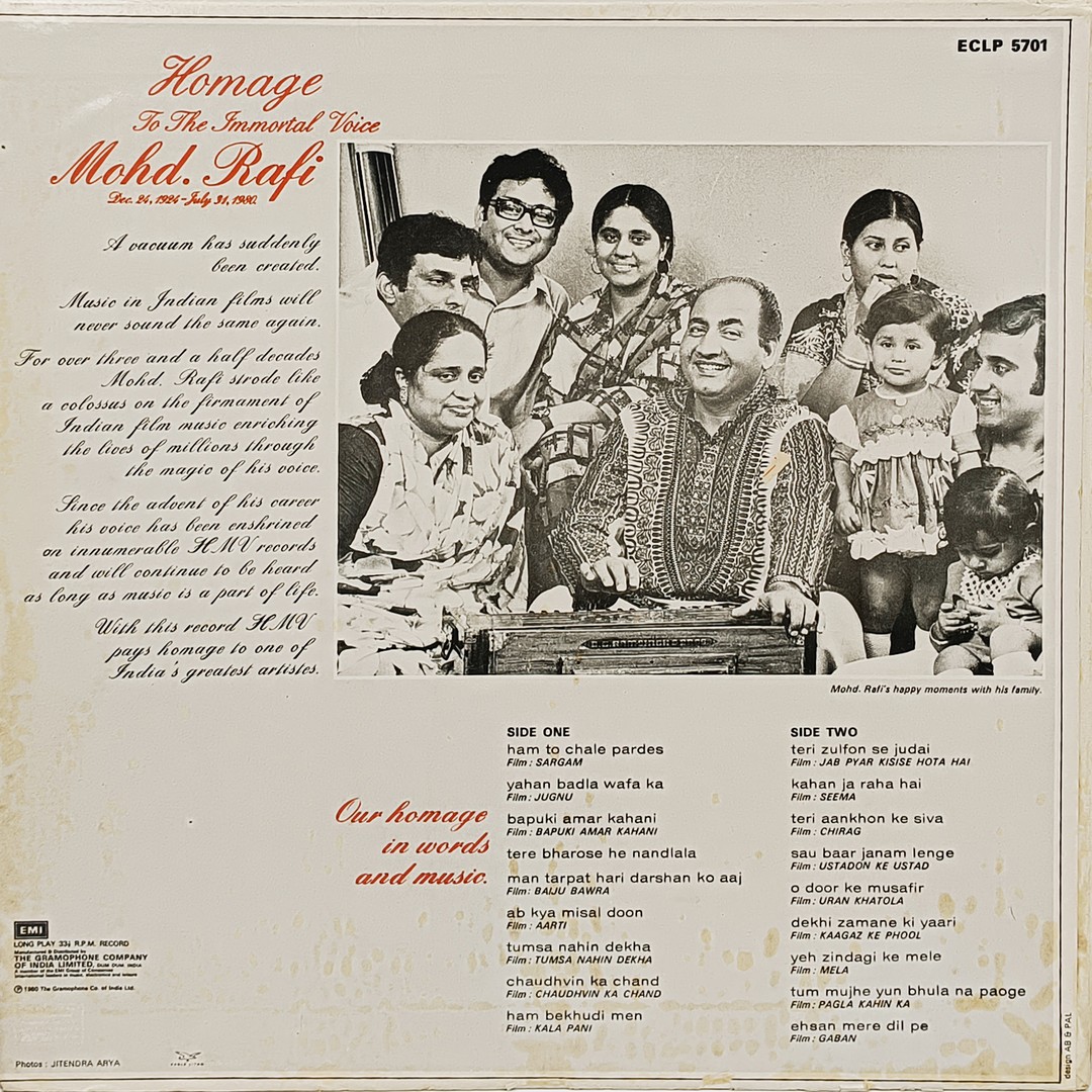 Mohd. Rafi - Homage To The Immortal Voice - ECLP 5701 - (90-95%) - Film Hits LP Record Mohd. Rafi - Homage To The Immortal Voice - ECLP 5701 - (90-95%) - Film Hits LP Record