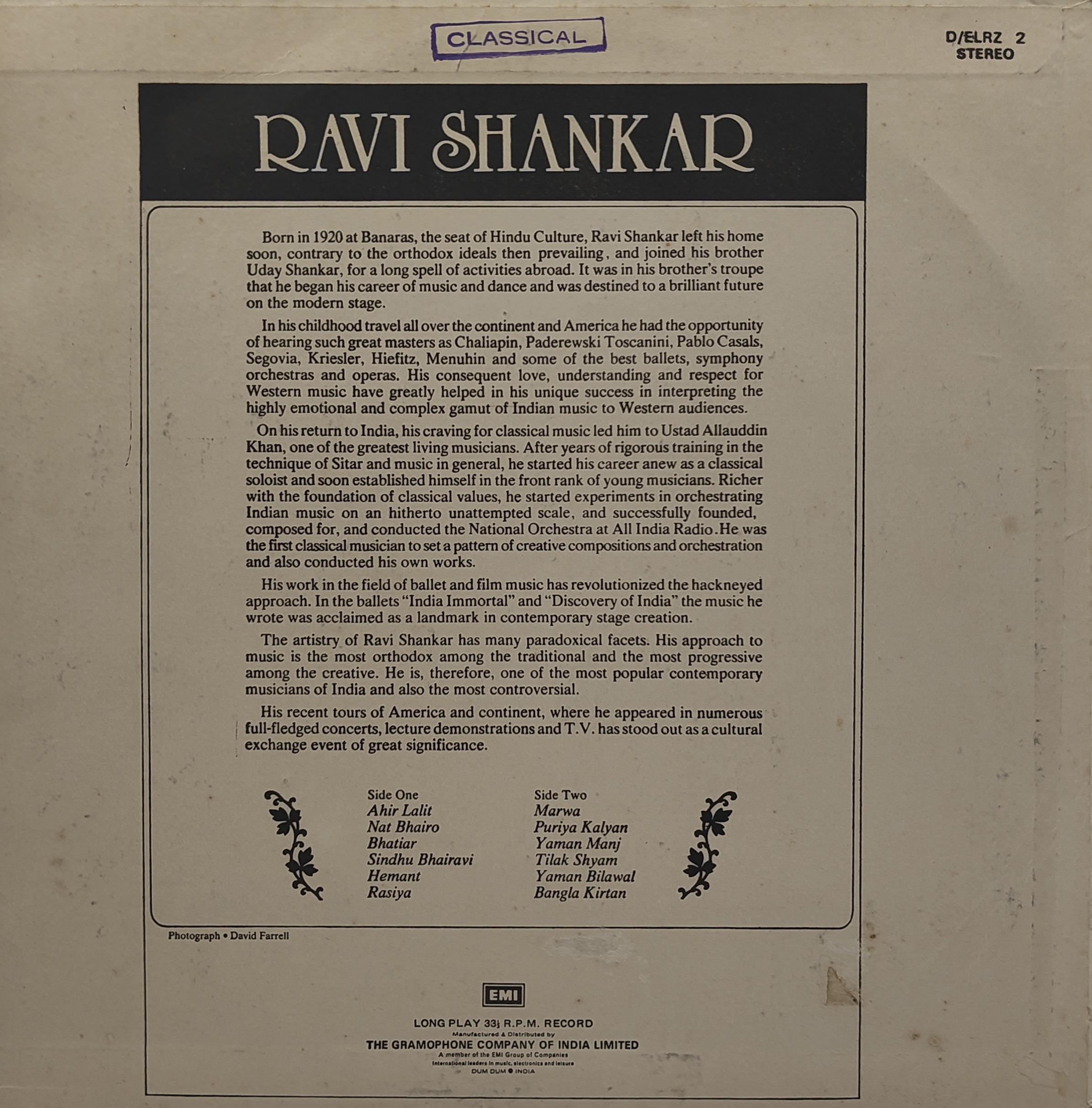 Ravi Shankar - D/ELRZ 2 -Indian Classical Instrumental LP Vinyl Record Ravi Shankar - D/ELRZ 2 -Indian Classical Instrumental LP Vinyl Record