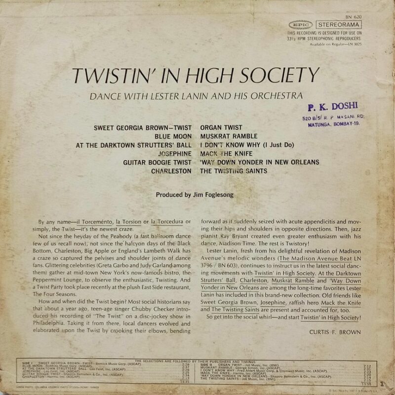 Lester Lanin And His Orchestra - Twistin' In High Society - BN 620 - (75-80%) - English Instrumental LP Vinyl