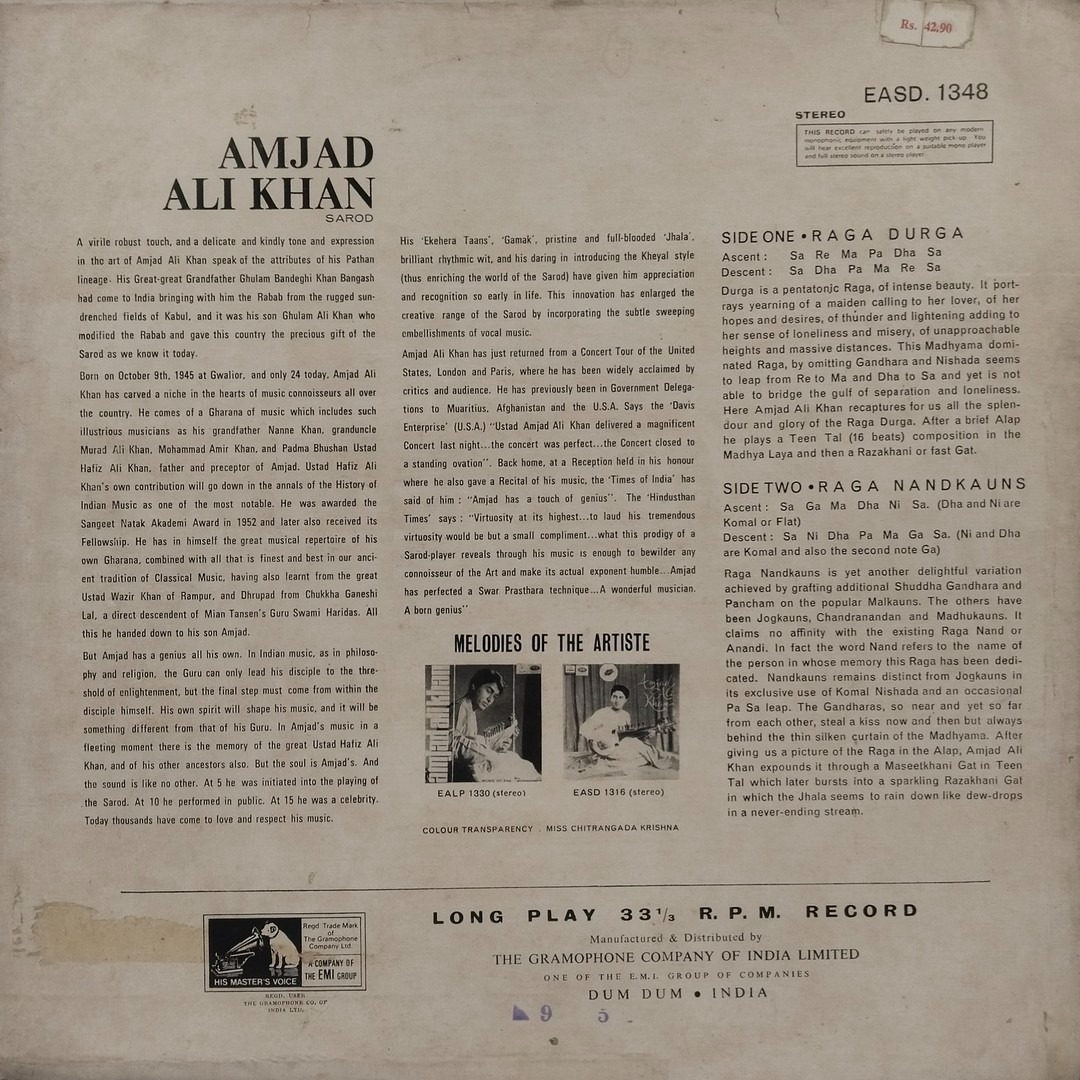 Amjad Ali Khan - EASD 1348 - HCL - Indian Classical Instrumental LP Vinyl Record Amjad Ali Khan - EASD 1348 - HCL - Indian Classical Instrumental LP Vinyl Record