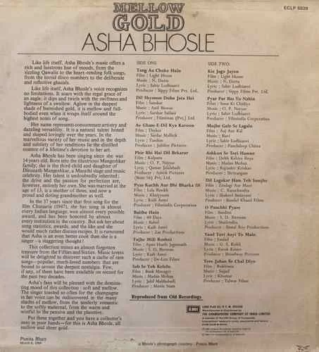 Asha Bhosle - Mellow Gold - ECLP 5939 - Film Hits LP Vinyl Record Asha Bhosle - Mellow Gold - ECLP 5939 - Film Hits LP Vinyl Record