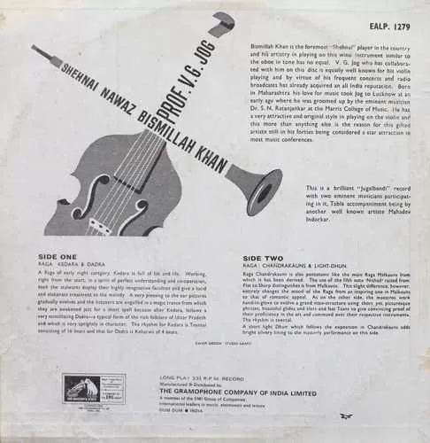 Bismillah Khan & V. G. Jog - EALP 1279 - Indian Classical Instrumental LP Vinyl Bismillah Khan & V. G. Jog - EALP 1279 - Indian Classical Instrumental LP Vinyl