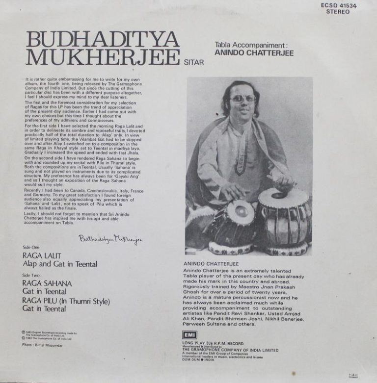 Budhaditya Mukherjee - Sitar - ECSD 41534 - Indian Classical Instrumental LP Vinyl Record Budhaditya Mukherjee - Sitar - ECSD 41534 - Indian Classical Instrumental LP Vinyl Record