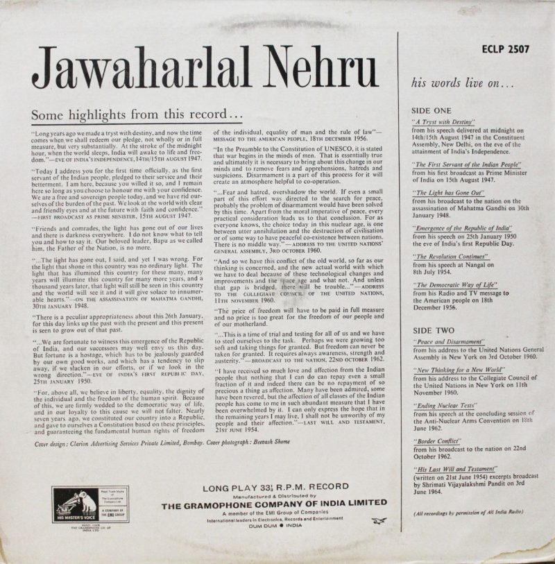 Jawaharlal  Nehru - ECLP 2507 - Dialogues And Speech LP Vinyl Record-1