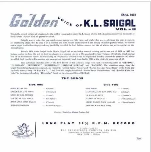 K. L. Saigal - The Golden Voice - Vol. 2 - EAHA 1002 - (80-85%) – Angel - Film Hits LP Vinyl