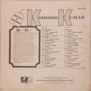 Kishore Kumar - Melodies To Remember - 3AEX 5205 - Film Hits LP Vinyl Record