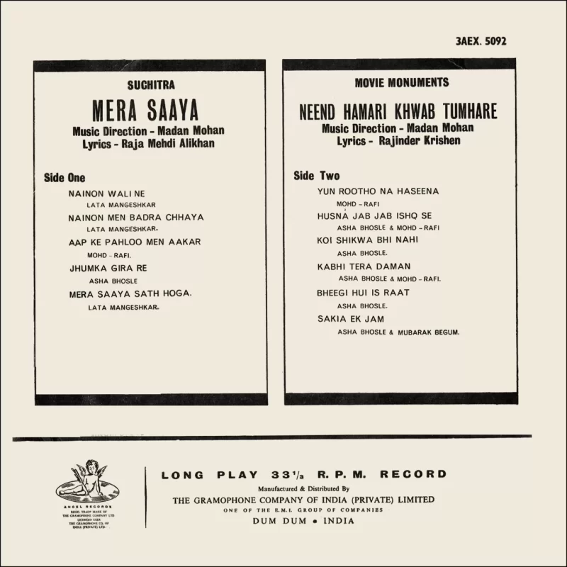 Mera Saaya & Neend Hamari Khwab Tumhare - 3AEX 5092 - (90-95%) - Angle First Pressing - CR - Bollywood LP Vinyl