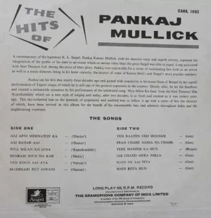 Pankaj Mullick - The Hits Of - EAHA 1003 - (Condition - 85-90%) - Angel First Pressing - Film Hits LP Vinyl Record