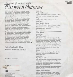 Parween Sultana - An Hour of Ecstasy With - ECSD 2950 – (Condition 85-90%) - Indian Classical LP Vinyl Record