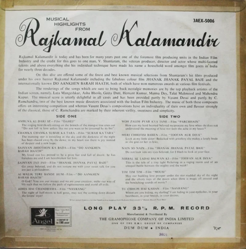 Rajkamal Kalamandir - Musical Highlights - 3AEX 5006 - (Condition - 85-90%) - Angel First Pressing - Cover Reprinted - Film Hits LP Vinyl Record