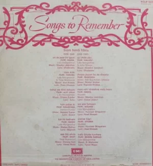 Songs To Remember (From Hindi Films) - ECLP 5476 - (Condition - 90-95%) - Film Hits LP Vinyl Record