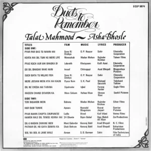 Talat Mahmood And Asha Bhosle – Duets To Remember - ECLP 5974 -(Condition - 90-95%) - Cover Reprinted - Film Hits LP Vinyl Record