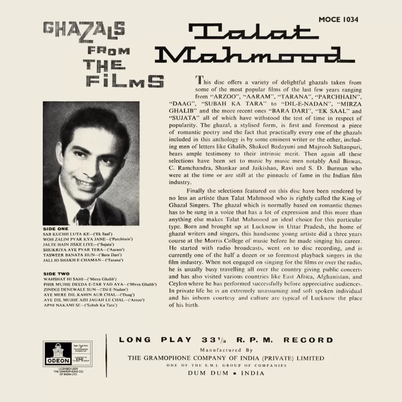 Talat Mahmood Ghazals From The Film's - MOCE 1034 - (Condition - 90-95%) - Odeon First Pressing - Cover Reprinted - Film Hits LP Vinyl Record