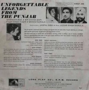 Unforgettable Legends From The Punjab - D/ECLP 2415 - HMV Colour Label - (Condition-85-90%) - Cover Reprinted - Punjabi Folk LP Vinyl Record