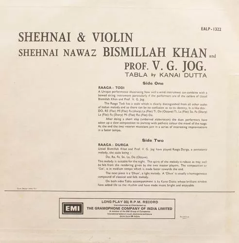 Bismillah Khan & V. G. Jog - EASD 1322 - (Condition - 90-95%) - Indian Classical Instrumental LP Vinyl Record Bismillah Khan & V. G. Jog - EASD 1322 - (Condition - 90-95%) - Indian Classical Instrumental LP Vinyl Record