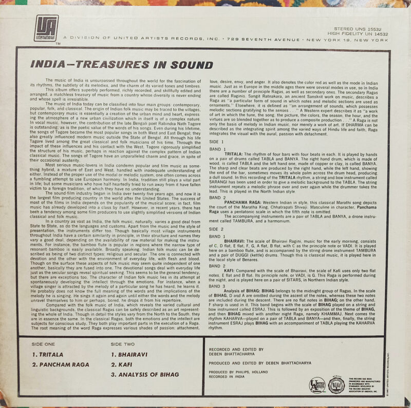 India Treasures In Sound - UNS 15532 - (Condition 85-90%) - Indian Classical Vocal LP Vinyl Record