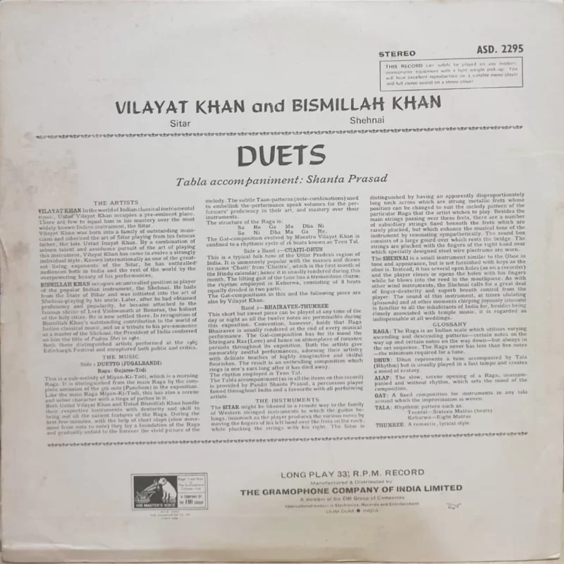 Vilayat Khan & Bismillah Khan - ASD 2295 - (Condition - 90-95%) - HMV Red Label - Indian Classical Instrumental LP Vinyl Record