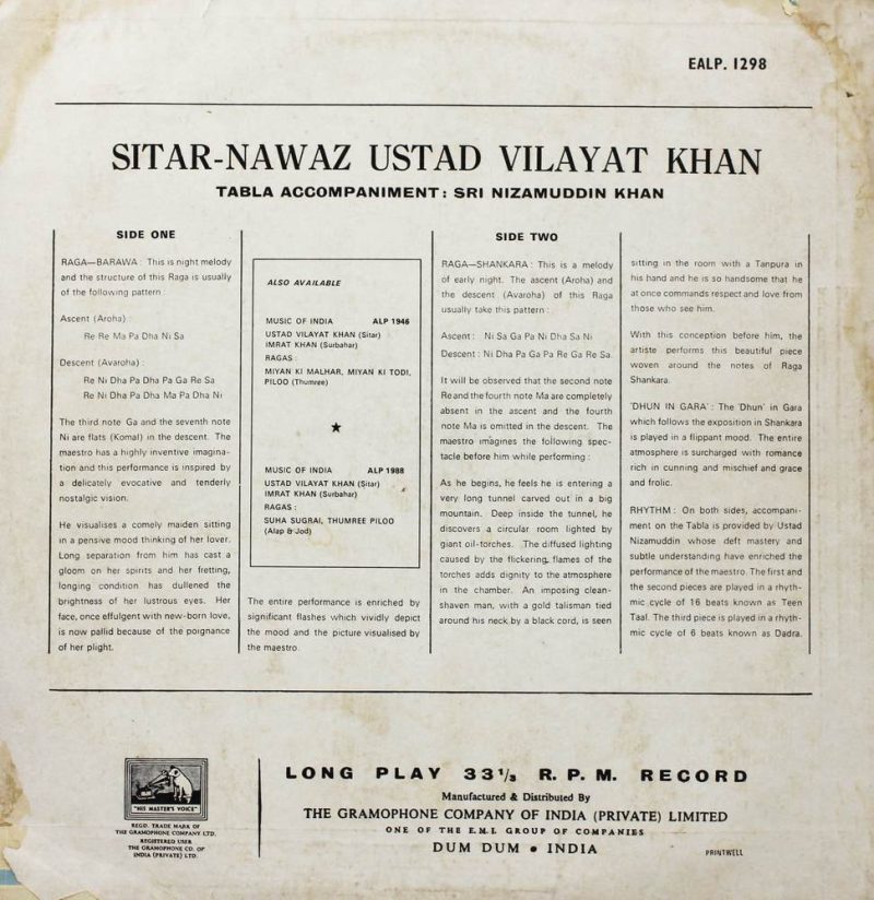 Vilayat Khan - EALP 1298-Indian Classical Instrumental LP Vinyl Record-1