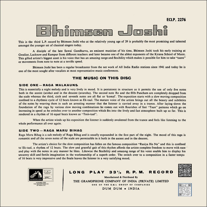 Bhimsen Joshi - ECLP 2276 - (85-90%) - HMV Black Label - CR - Indian Classical LP Vinyl (2) Bhimsen Joshi - ECLP 2276 - (85-90%) - HMV Black Label - CR - Indian Classical LP Vinyl