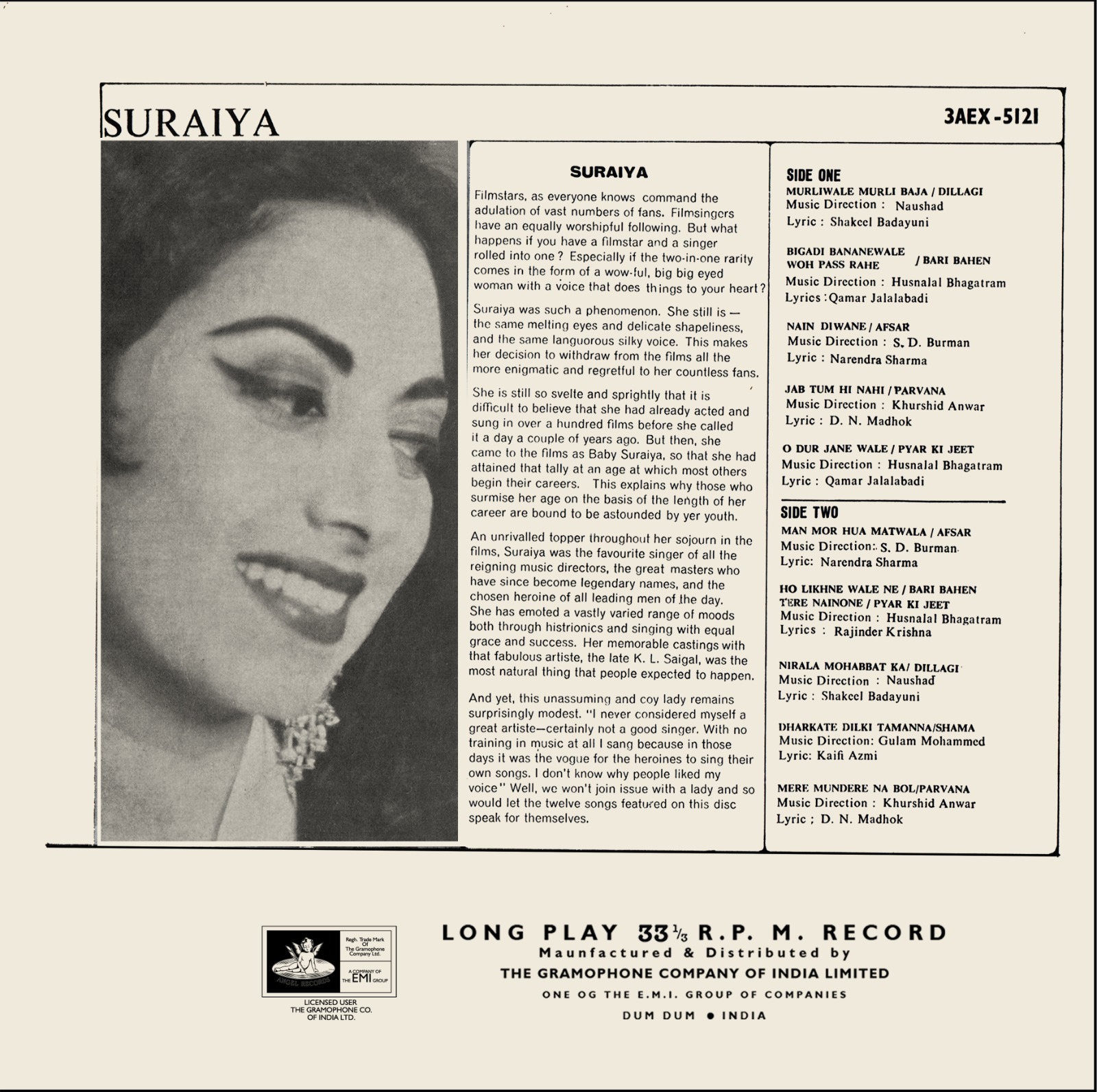 Suraiya 3aex 5121 Cover Reprinted Film Hits Lp Vinyl Record