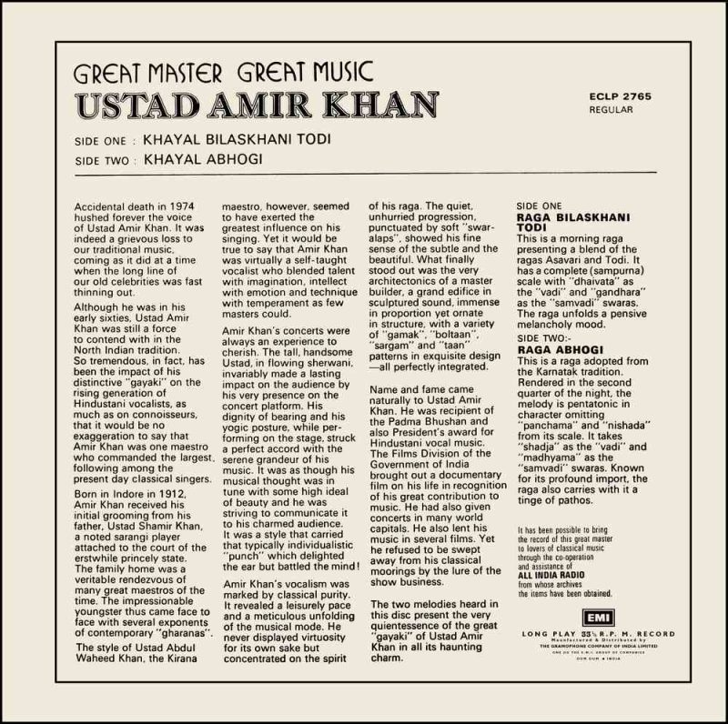 Amir Khan - ECLP 2765 - (Condition - 90-95%) – Cover Reprinted - Indian Classical Vocal LP Vinyl Record 1