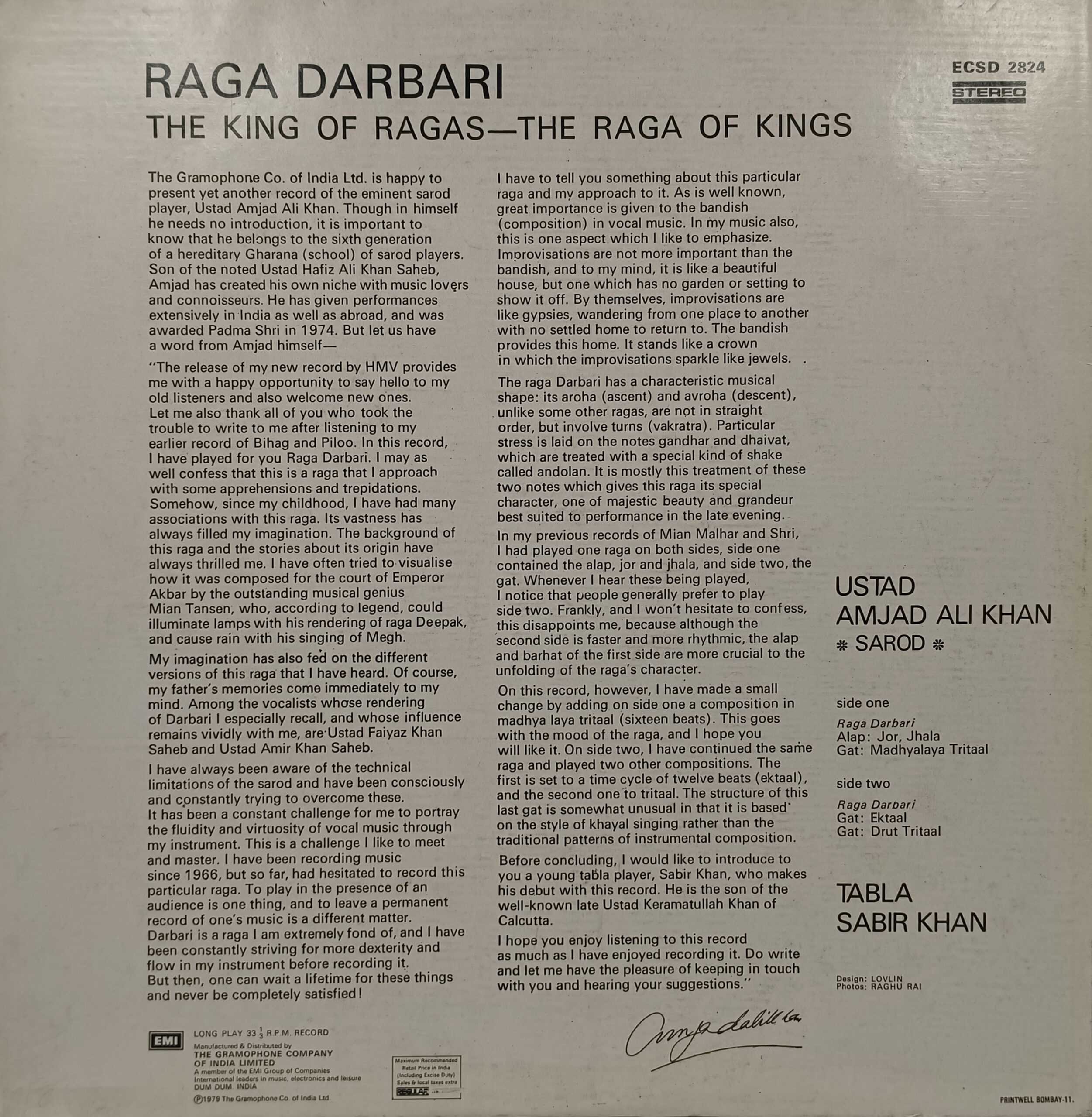 Amjad Ali Khan - Raga Darbari - ECSD 2824 - CBF- Classical Instrumental LP Vinyl Record.jpg Amjad Ali Khan - Raga Darbari - ECSD 2824 - CBF- Classical Instrumental LP Vinyl Record