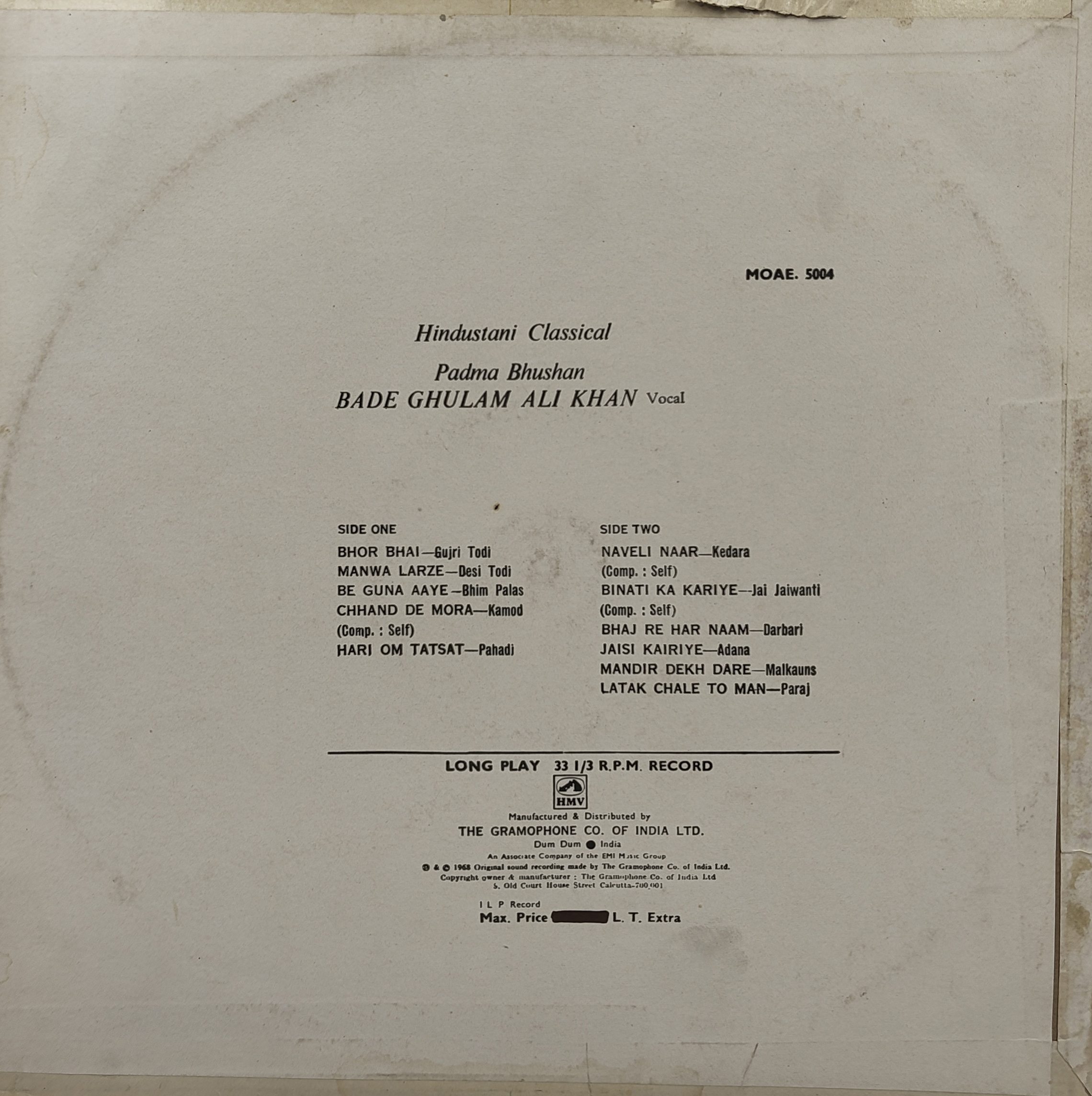 Bade Ghulam Ali Khan- MOAE 5004-Indian Classical Vocal LP Vinyl Record Bade Ghulam Ali Khan- MOAE 5004-Indian Classical Vocal LP Vinyl Record