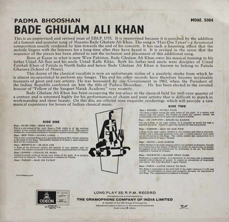 Bade Ghulam Ali Khan- MOAE 5004-Indian Classical Vocal LP Vinyl Record-1