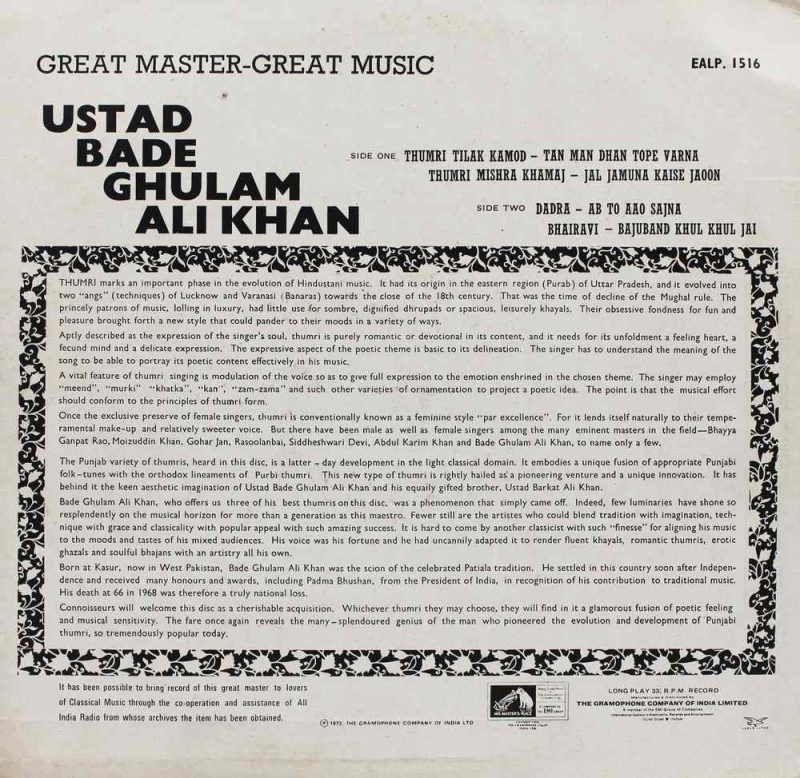 Bade Ghulam Ali - EALP 1516-HMV Indian Classical Vocal LP Vinyl Record-1