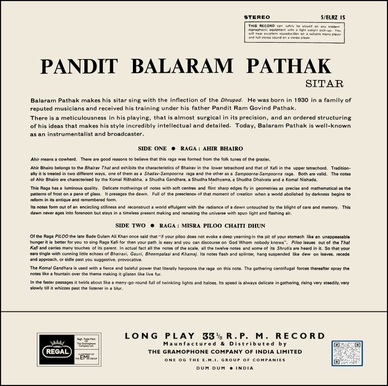 Balaram Pathak – Sitar - S/ELRZ 15 - (Condition - 85-90%) - Cover Reprinted - Indian Classical Instrumental LP Vinyl Record