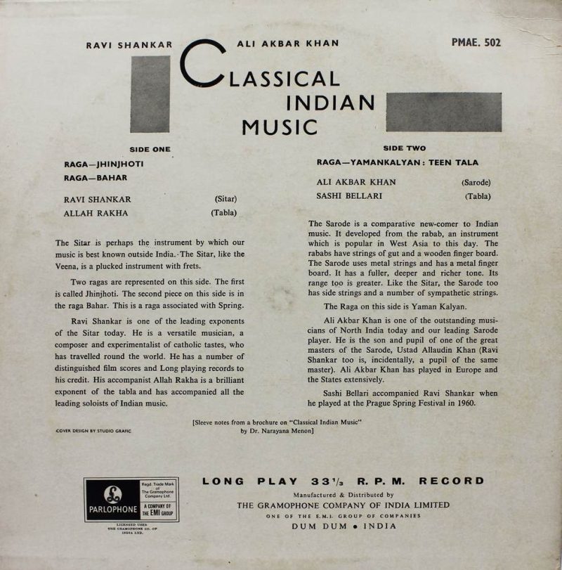 Ravi Shankar & Ali Akbar Khan - Classical Indian Music - PMAE 502 - Parlophone Odeon Label - LP Record