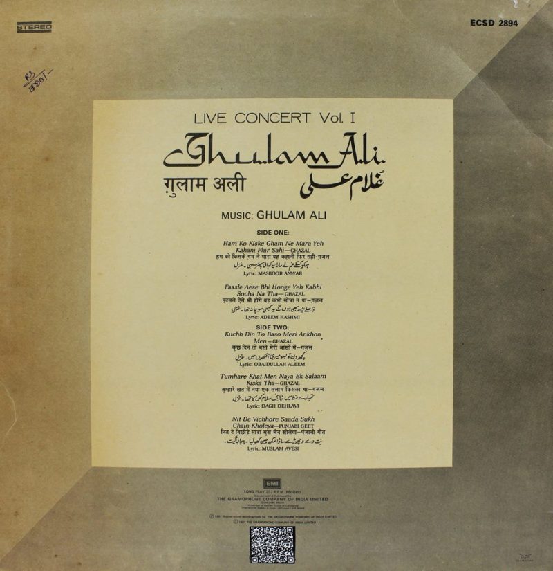 Ghulam Ali Live Concert Vol 1 - ECSD 2894 – (Condition – 85-90%) LP Record