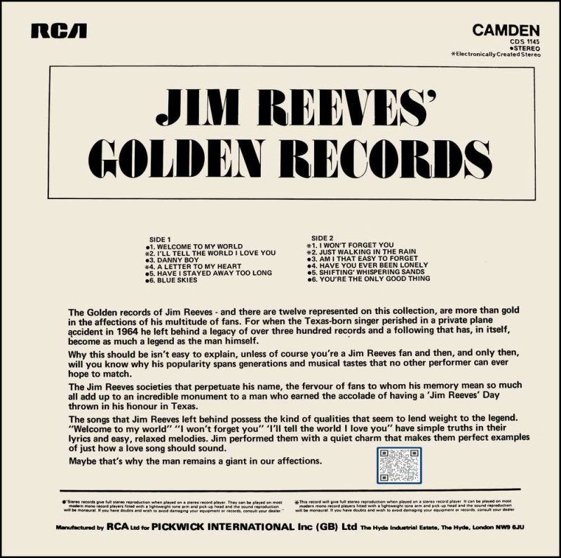 Jim Reeves ‎– Jim Reeves' Golden Records – (90-95%) - CDS 1145 - CR - LP Record