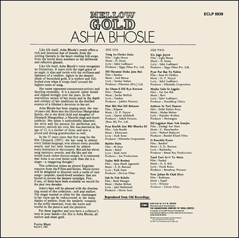 Asha Bhosle - Mellow Gold - ECLP 5939