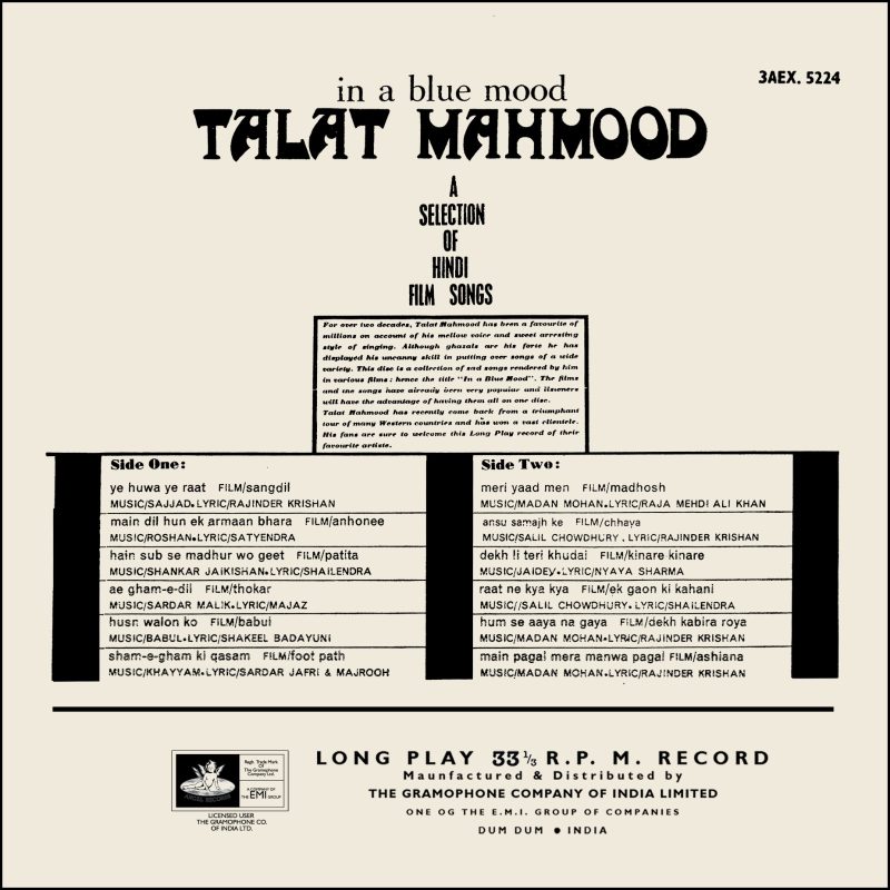 Talat Mahmood - In A Blue Mood - 3AEX 5224 -(Condition - 80-85%) - Angel First Pressing - Cover Reprinted - Film Hits LP Vinyl Record