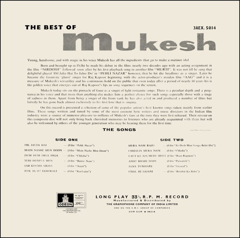 Mukesh - The Best Of Mukesh - 3AEX 5014 - (Condition - 80-85%) - Cover Reprinted - Film Hits LP Vinyl Record