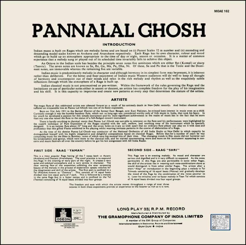 Pannalal Ghosh - MOAE 102 - Cover Reprinted - Indian Classical Vocal LP Vinyl Record