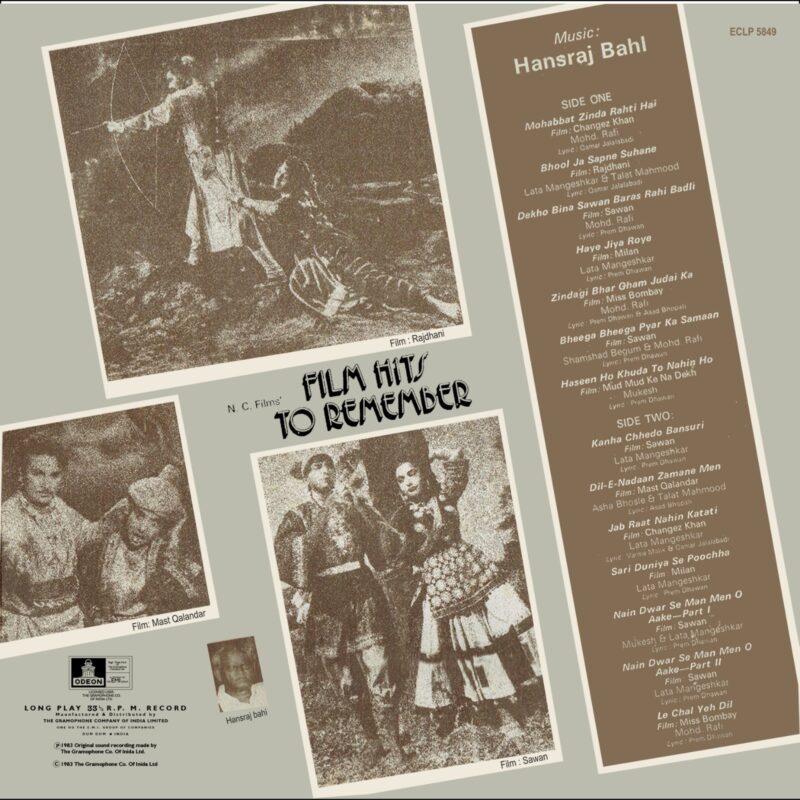 Hansraj Bhal - Film Hits to Remember - ECLP 5849 - (80-85%) - CR - Film Hits LP Vinyl