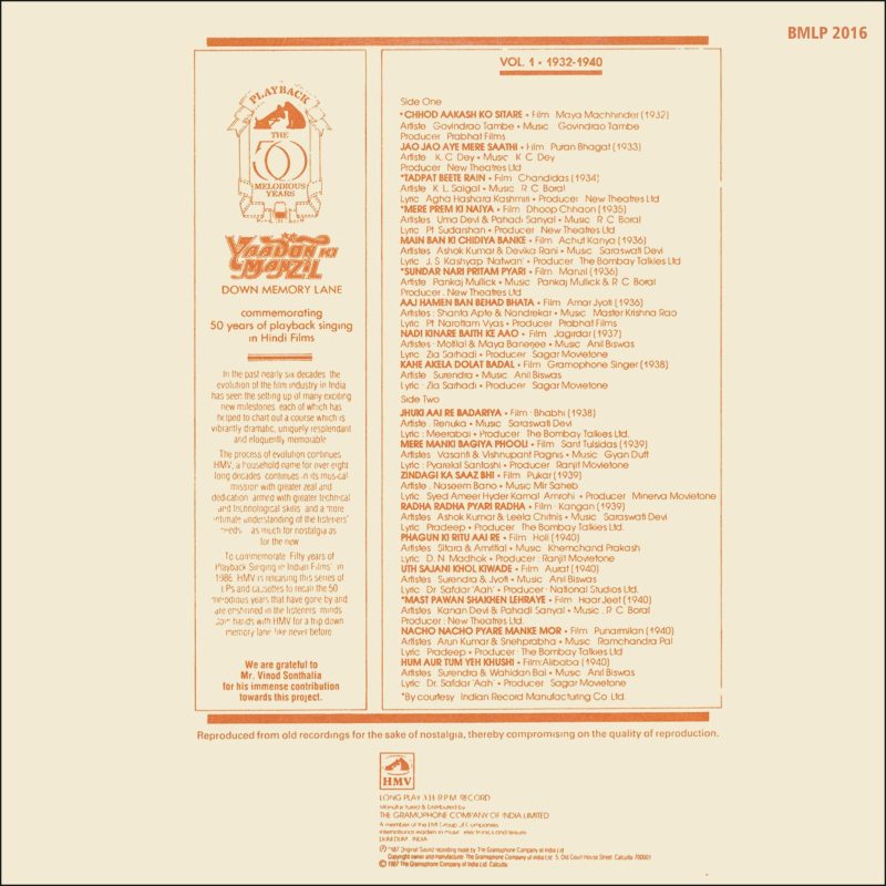 Yaadon Ki Manzil Down Memory Lane (Vol.1) - BMLP 2016 - (Condition - 90-95%) -Cover Reprinted - LP Record