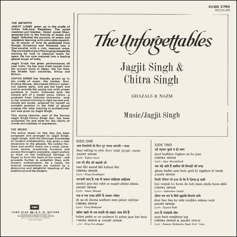 Jagjit Singh & Chitra Singh - (The Unforettables- Ghazals & Nazm) - ECSD 2780 - (Condition - 85-90%) - Cover Reprinted - LP Record