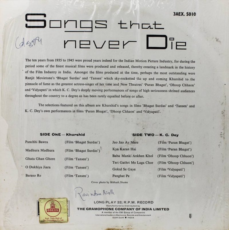 Khurshid & K. C. Dey - Songs That Never Die - 3AEX 5010