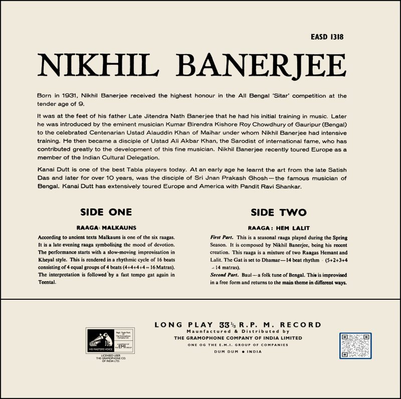 Nikhil Banerjee – Raga - Malkauns & Hem Lalit - EASD 1318