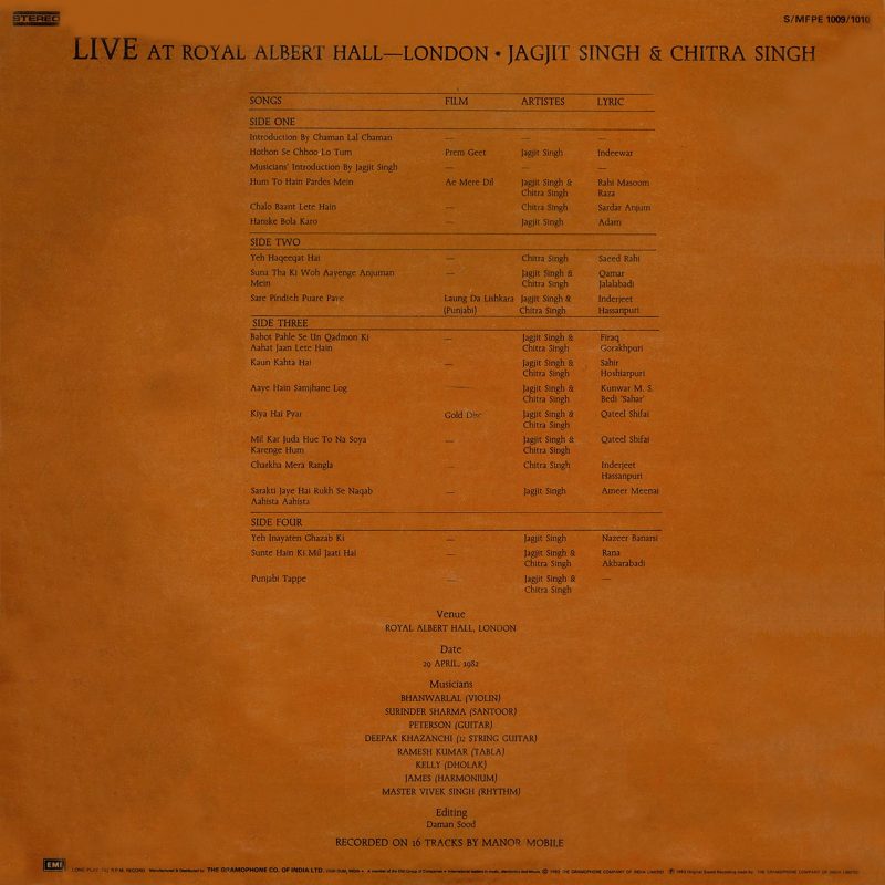 Jagjit Singh & Chitra Singh – Live At Royal Albert Hall London - S/MFPE 1009/1010