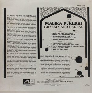 Malika Pukhraj - Ghazals And Dadras - ECLP 2511