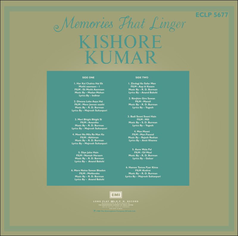 Kishore Kumar - Memories That Linger - ECLP 5677 - (Condition – 80-85%) – Cover Reprinted - Film Hits LP Vinyl Record